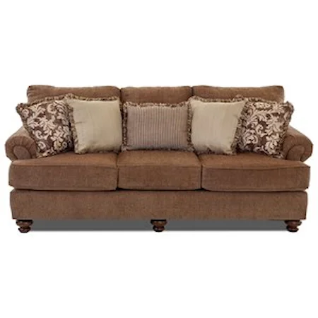 Traditional Stationary Sofa with Rolled Arms and Bun Feet